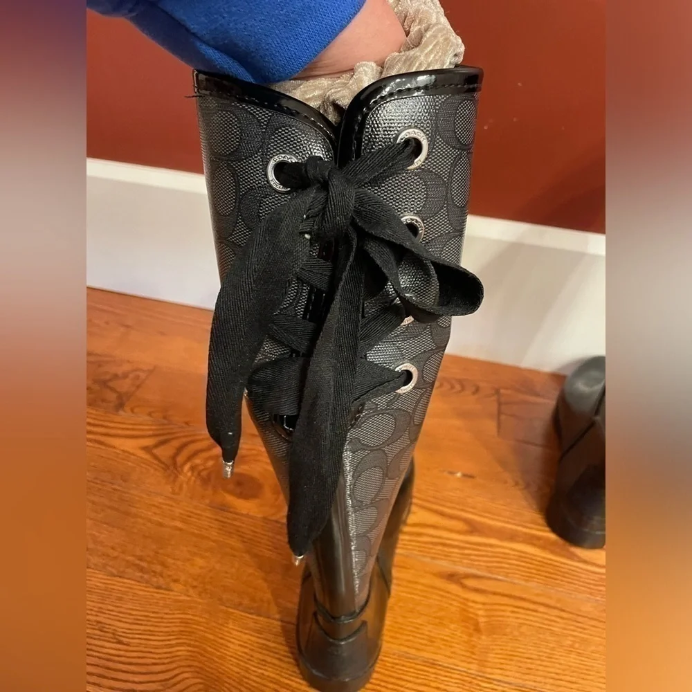 Authentic Coach Gray/Black Signature Outline “Tristee” Rain Boots